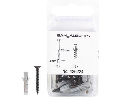 Gah Alberts vis et chevilles, 25 mm, 3 mm, 10 vis et 10 chevilles