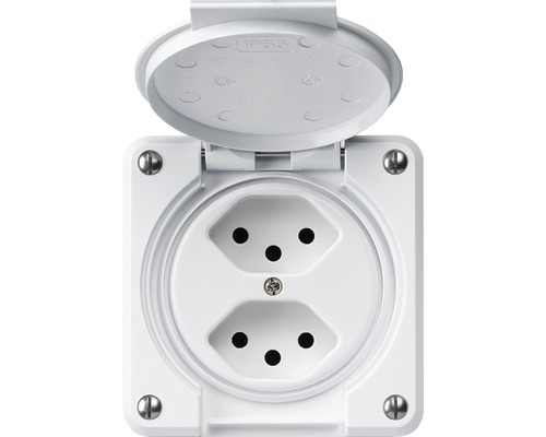 Steckdose Robusto 2xT13 weiss Feuchtraum-Steckdose mit Schutzart IP55 und Klappdeckel