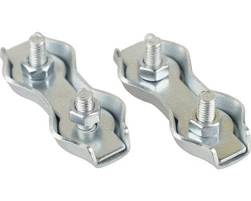 Zwei Metallbefestigungsclips mit Schrauben und Muttern
