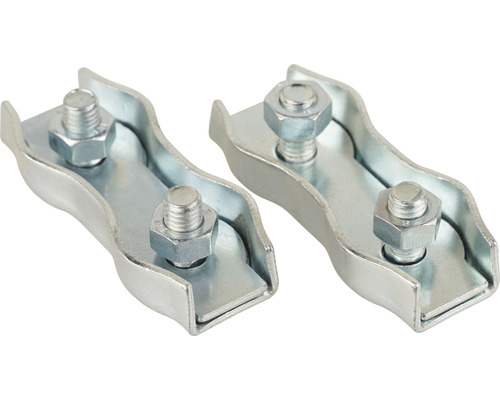 Zwei Drahtseilklemmen aus Metall mit Schrauben zur Befestigung von Drahtseilen