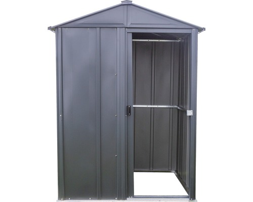 Metall Gerätehaus mit Schiebetür teilweise geöffnet