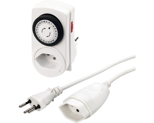 Rallonge thermoplastique double 3x1 mm² blanche 5 m T12/T13 avec minuterie Horloge programmable analogique avec prise intermédiaire et câble