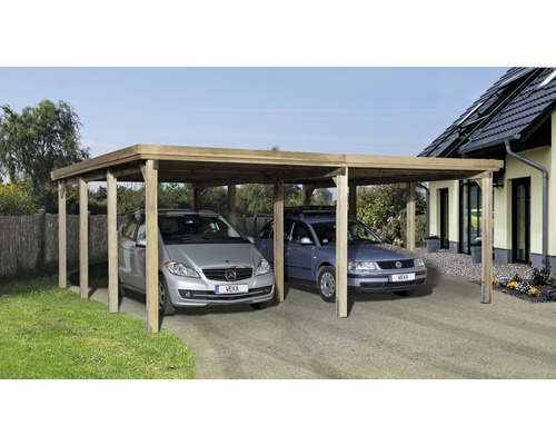 Carport double weka Optima 603x612 cm, traité en autoclave par imprégnation Double carport en bois avec deux voitures garées