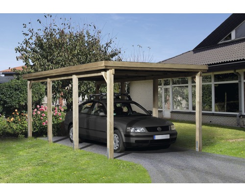 Carport simple weka Optima 322x612 cm, traité en autoclave par imprégnation Abri de voiture en bois avec voiture dans l''allée