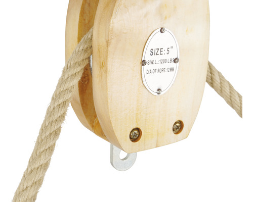 Holzflaschenzug mit Seil, Größe 5 Zoll, sichere Arbeitslast 1200 Pfund, Seildurchmesser 12 Millimeter