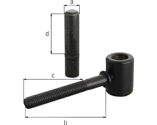 Paumelle à souder avec filetage métrique et boulon avec les dimensions a, b, c, d