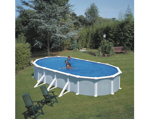 Kit piscine mural en acier Planet Pool Vision-Pool Classic ovale 730x360x120 cm incl. installation de filtre à sable, échelle, skimmer encastré, sable de filtration & tuyau de raccordement blanc