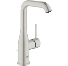 Grohe Logo. Einzelner gebogener Wasserhahn mit Hebel.