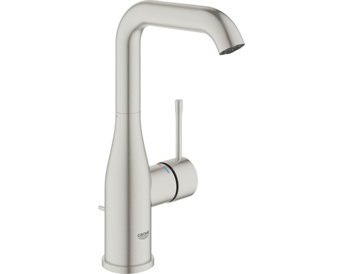 Grohe Logo. Einzelner gebogener Wasserhahn mit Hebel.