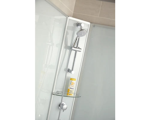 Cabine de douche avec douchette, barre de douche et étagère en verre