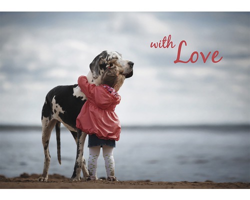 Un enfant étreint un dogue allemand sur la plage avec l''inscription ''With Love''.