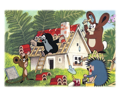 Illustration mit Hausbau durch Maus, Maulwurf, Hase und Igel