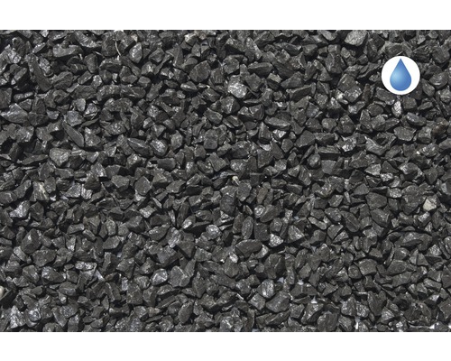 Gros plan de graviers décoratifs noirs avec symbole de perméabilité à l''eau