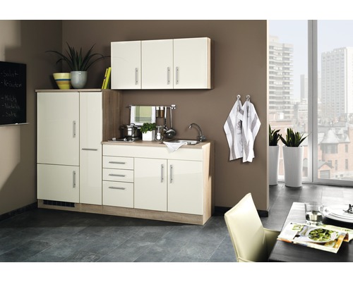 Küchenzeile mit Geräten Held Möbel Toronto 210 cm Frontfarbe creme Korpusfarbe sonoma eiche 783.1.6509