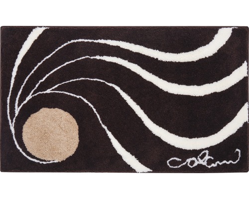Tapis à poils longs rectangulaire marron avec des lignes couleur crème et un motif circulaire