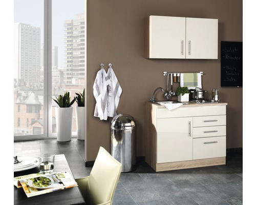 Küchenzeile mit Geräten Held Möbel Toronto 100 cm Frontfarbe creme Korpusfarbe sonoma eiche 973.6509
