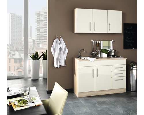 Küchenzeile mit Geräten Held Möbel Toronto 120 cm Frontfarbe creme Korpusfarbe sonoma eiche 978.6509