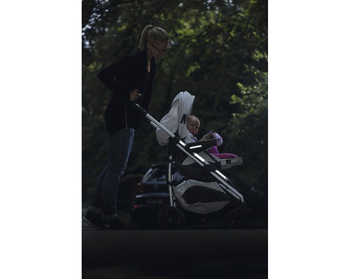 Une femme pousse une poussette avec un enfant dedans.