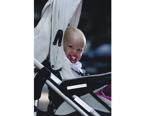 Un bébé avec une tétine est assis dans une poussette.