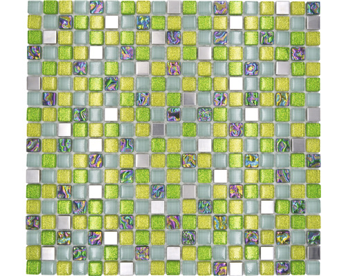 Mosaïque de verre Quadrat Crystal/Acier mélange de vert 30.5x32.2 cm