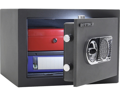 Coffre-fort gris ouvert pour meubles avec serrure à combinaison électronique et boîte de rangement rouge et bleue