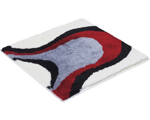 Tapis de bain carré avec motif en gris, rouge, noir et blanc.