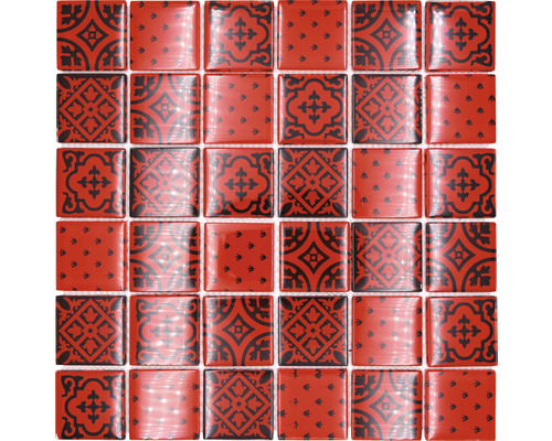 Glasmosaik Quadrat Crystal XCM8OP3 rot 30x30 cm Fliesenmuster mit floralem Dekor