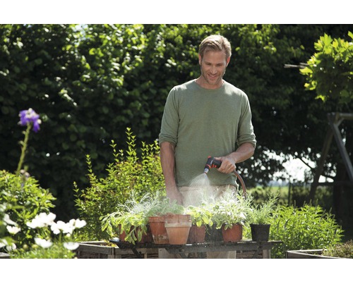 Un homme arrose des plantes en pot avec un tuyau d''arrosage dans le jardin.
