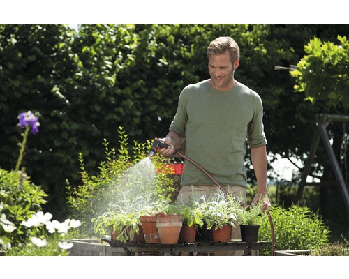 Un homme arrose des plantes dans le jardin avec un pulvérisateur de jardin et un tuyau d''arrosage.