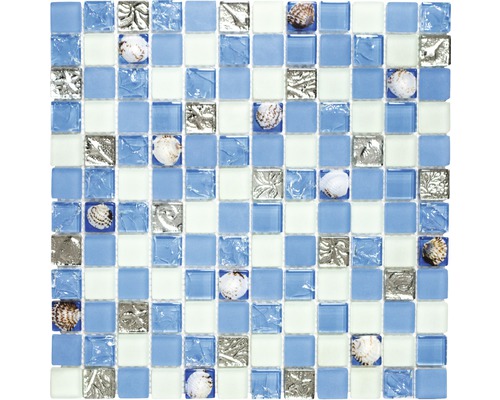 Mosaïque de verre Quadrat Crystal coquille bleue 30x30 cm Mosaïque avec verre, coquillages et décor