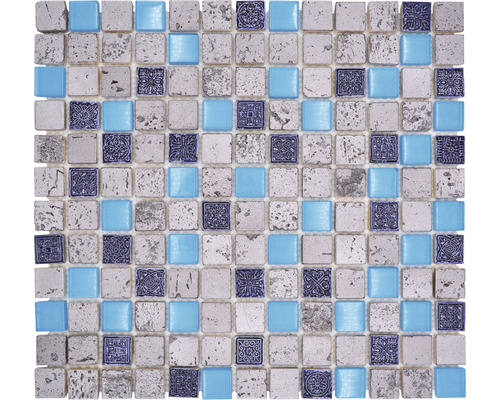 Glasmosaik mit Naturstein XCMCB65 mix blau 30x32,5 cm