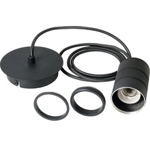 Schwarze Hängeleuchte mit Textilkabel und zwei Zierringen