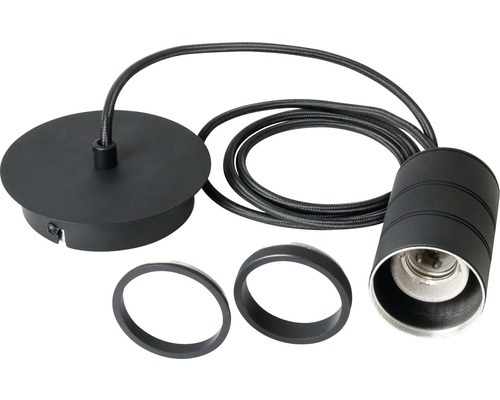 Schwarze Hängeleuchte mit Textilkabel und zwei Zierringen