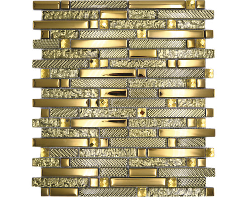 Glasmosaik mit Metall Crystal XCM GV918 29,8x33,8 cm gold Mosaikfliese mit rechteckigen und quadratischen Elementen
