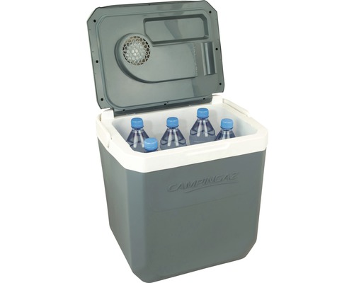 Camping Kühlbox mit Getränkeflaschen und offenem Deckel