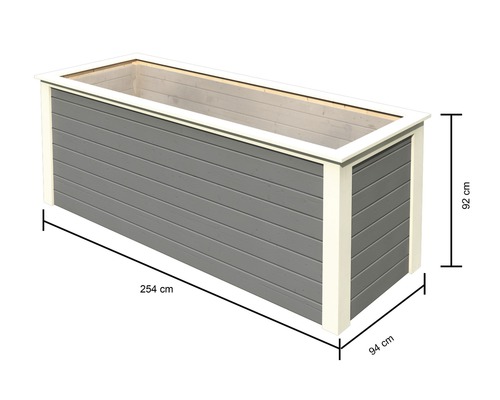 Jardinière en bois grise mesurant 254 cm de long, 94 cm de large et 92 cm de haut.