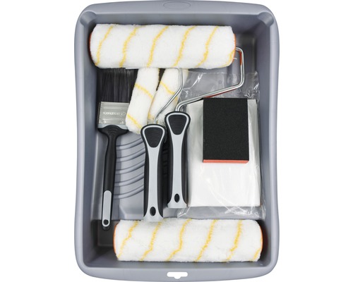 Set de peinture avec rouleau à peinture, bac à peinture, pinceau, bloc de ponçage et feuille de protection