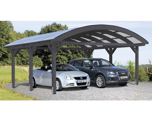 Carport pour deux véhicules SKAN HOLZ toit incurvé, 635x541 cm, gris ardoise Double abri de voiture en bois avec deux voitures