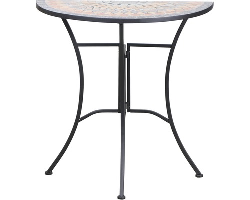 Table de jardin demi-lune avec plateau en mosaïque et structure en métal.