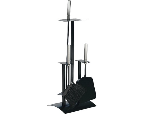 Accessoires pour cheminée Lienbacher Métal noir verni comprenant balai pelle racloir Garniture de cheminée avec pelle, balai, tisonnier et pince sur un support