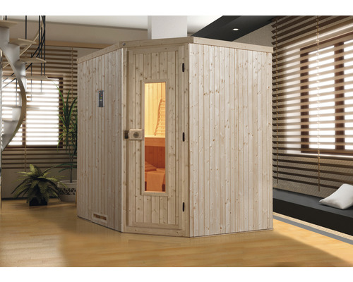 Sauna modulaire Weka Kiruna HT taille 2 sans poêle et fenêtre, avec portes en bois et vitrage isolé thermiquement