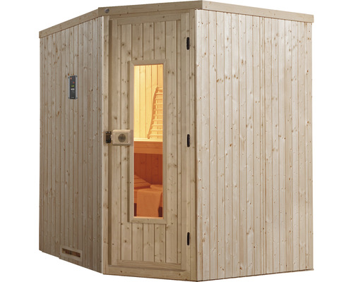 Sauna en bois avec élément de commande et porte en verre
