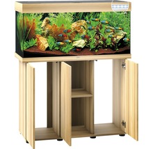 Aquarium mit Unterschrank und Innenausstattung mit Fischen und Pflanzen.
