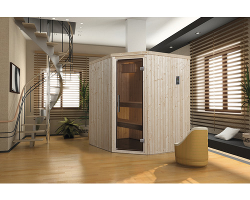 Sauna modulaire Weka Varberg GT, taille 2 avec poêle 7,5 kW et commande numérique, avec fenêtre et porte entièrement vitrée couleur graphite