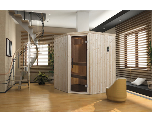 Sauna modulaire Weka Varberg GT taille 2 avec poêle bio 7,5 kW et commande numérique, avec fenêtre et porte entièrement vitrée couleur graphite