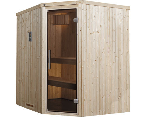 Sauna aus Holz mit Glastür