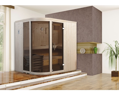 Sauna modulaire Weka Sara taille 1 avec poêle bio 7,5 kW et commande numérique, avec fenêtre et porte entièrement vitrée couleur graphite
