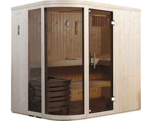 Sauna en bois avec porte en verre et aménagement intérieur