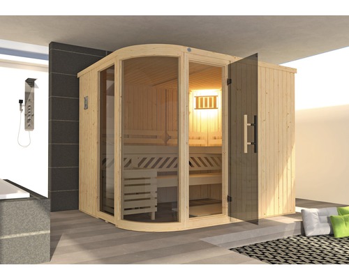 Sauna modulaire Weka Sara taille 2 avec poêle 9 kW et commande numérique, avec fenêtre et porte entièrement vitrée couleur graphite