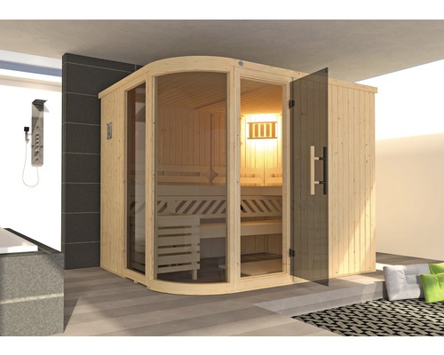 Sauna modulaire Weka Sara taille 2 avec poêle bio 9 kW et commande numérique, avec fenêtre et porte entièrement vitrée couleur graphite